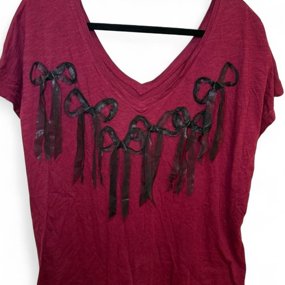 Lane Bryant Women's Burgundy & Black Bow V-Neck Short Sleeve Coquette Blouse